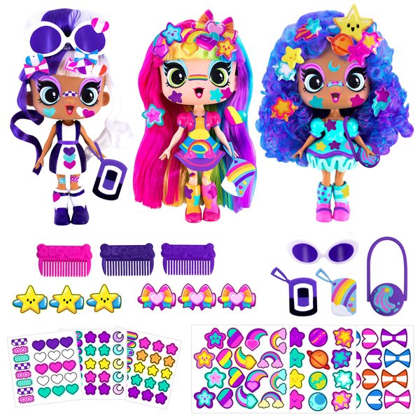 DECORA GIRLZ 5" Dolls -3 Pack A - Decora, London and Celestia | Fashion Dolls for Ages 4 and Up | Surprise Birthday Gift for Children | Set of Doll Clothes, Stickers, Dolls & Accessories