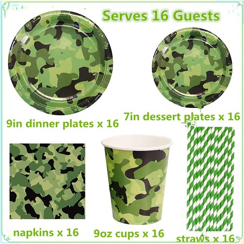 DISRUB Camouflage Party Supplies Tableware Set Including Camouflage Paper Plates Cups Napkins Straws Serves 16 for Camouflage Birthday Baby Shower Party
