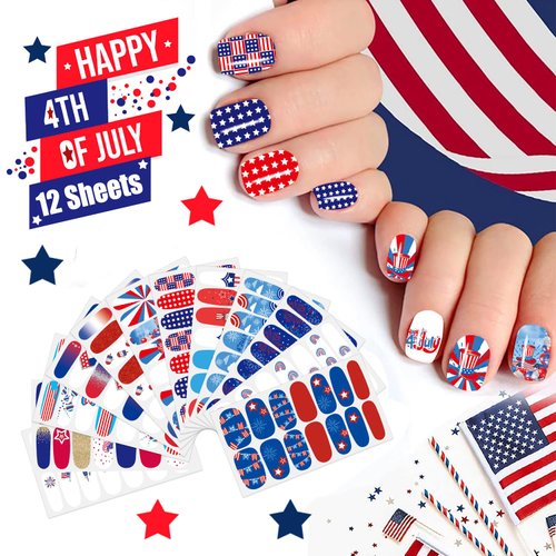 JERCLITY 168 Pieces 12 Sheets Independence Day Nail Wraps for Women 4th of July Nail Polish Strips Patriotic American Flag Nail Strips Self-Adhesive Nail Stickers for Memorial Day