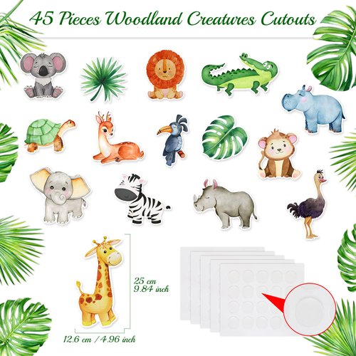45 Pieces Jungle Animal Cutouts Safari Party Decorations with Glue Point Dots Jungle Themed Party Decorations Paper Cutouts for Baby Shower Birthday Classroom Bulletin Board Theme Party Supplies