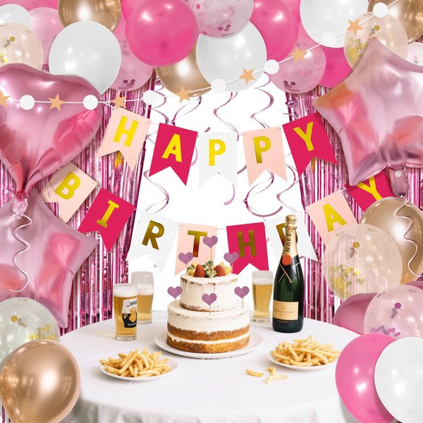 Pink Happy Birthday Decorations Set with Happy Birthday Banner and Confetti Balloons,Glitter Fringe Curtains,Star and Heart Birthday Balloons，Hanging Swirls for Women Party Supplies
