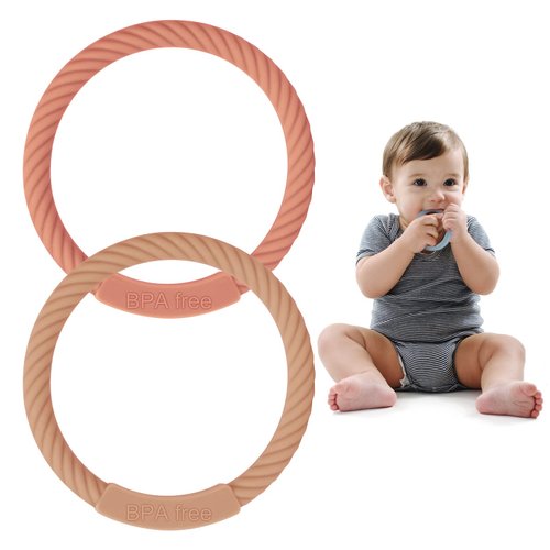 Baby Teething Rings,Baby teether Toys, Soft Silicone Teether Bracelets for 3+Years Babies,Wearable as Mom Bracelets,Baby chew Toys,BPA Free,2 Pack (Muted+Apricot)