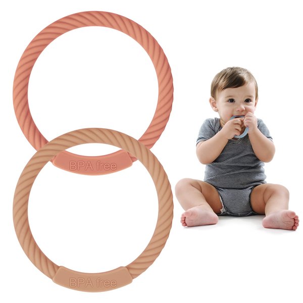 Baby Teething Rings,Baby teether Toys, Soft Silicone Teether Bracelets for 3+Years Babies,Wearable as Mom Bracelets,Baby chew Toys,BPA Free,2 Pack (Muted+Apricot)