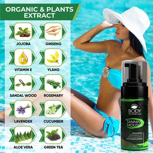 Organic Self-Tanning Mousse - Body Botanicals with Essential Oils & Plant Extracts, Professional Formula Sunless Tanner, Quick Dry, 4oz