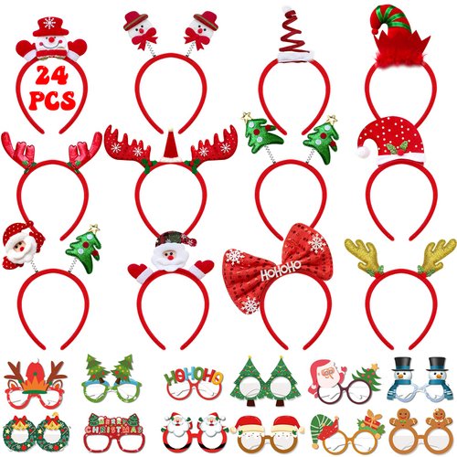 Jiytivity 24 Pcs Christmas Headbands Glasses Set Christmas Party Favors With Elf Christmas Tree Reindeer Snowman Cute Christmas Hair Accessories Christmas Party Supplies