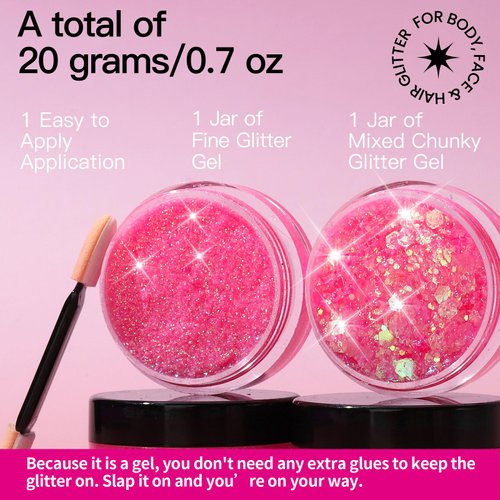 Teenitor Face Glitter, Pink Body Glitter Gel, 20g/0.7oz Makeup Glitter for Face, Body, Eye, Pink Hair Glitter Gel
