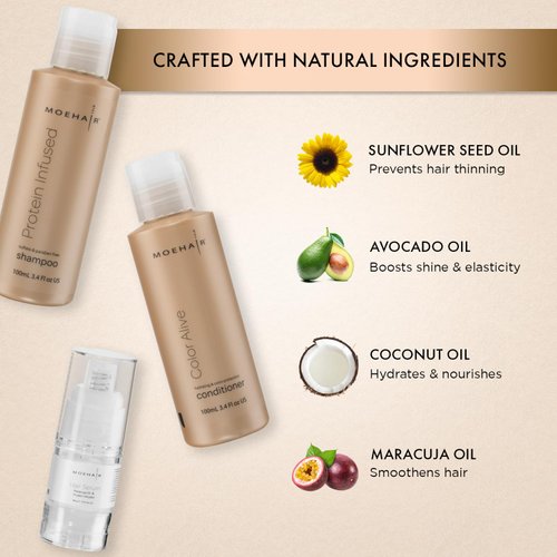 MOEHAIR Travel Pack of Protein Infused Shampoo (3.4 Fl. Oz), Color Alive Conditioner (3.4 Fl. Oz) and Hair Serum (0.51 Fl. Oz) | Travel Shampoo and Conditioner with Frizz Ease Serum | Sulfate-Free