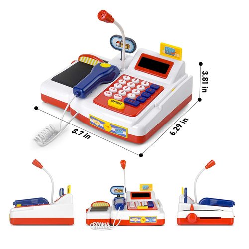 ZOVI Cash Register Playset Toy for Kids with Scanner, Real Calculator, Microphone, Play Food, Supermarket Cashier, Sounds & Early Learning Play