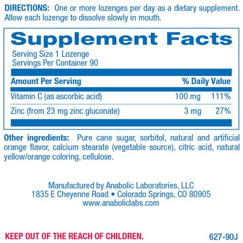 Anabolic Laboratories Zinc Lozenges for Adults with Vitamin C - 90 Orange Flavored Zinc Gluconate Lozenges for Immune Support and Throat Irritation
