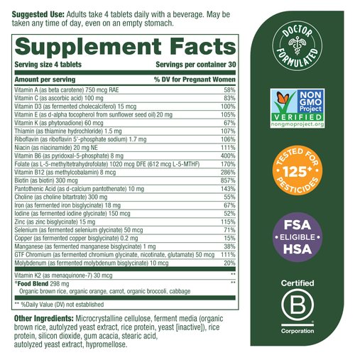 MegaFood Baby & Me 2 Prenatal Vitamin & Minerals - Vitamins for Women - with Folate (Folic Acid Natural Form), Choline, Iron, Iodine, Vitamin C, Vitamin D and More - 120 Mini Tabs (30 Servings)