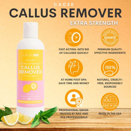 Cacee 8oz Foot Callus Remover with Tea Tree Oil, Lemon Scent for Foot Spa, Pedicure Soak, Foot Care, Athletes Foot Treatment, Cuticle and Callus Remover for Feet
