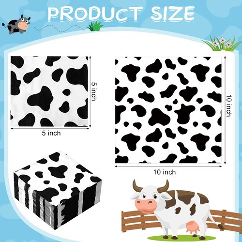 Chengu 100 Pieces Cow Print Napkins 2 Layers Cow Print Party Supplies Farm Animal Party Napkins for Animal Themed Birthday Party Western Party, 5 x 5 Inches