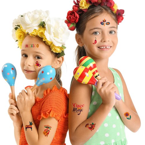 65 Pieces Cinco De Mayo Tattoos for Kids, Mexican Fiesta Temporary Tattoo Stickers, Taco Pinata Fiesta Party Decorations Favors for Adult Boys Girls, Goodie Bag Stuffers