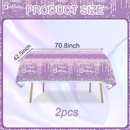 2pcs Purple and silver Birthday Party Tablecloth Glitter Diamonds Happy Birthday Tablecloth boy girl Party Supplies Decorations 70 inches x 51 inches for Purple and silver Birthday party supplies