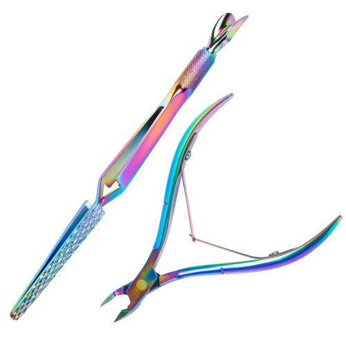Colorful Stainless Steel Nail Art Tools Pinching Cuticle Pusher and Cuticle Cutter Nipper - Multifunction False Nail Cutter Shaping Tweezers Manicure Tools
