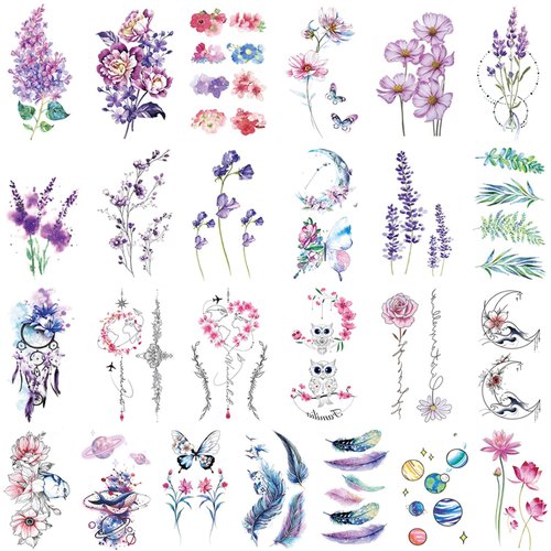 Glaryyears Flower Temporary Tattoos for Women, 45 Pack Small Realistic Fake Tattoo Stickers, Long Lasting Watercolor Floral Feather Design Collection, Sexy for Girls on Face Body Hand Arm