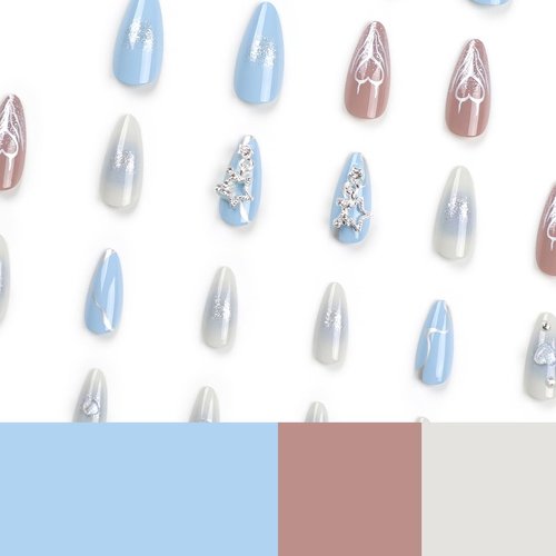 24 Pcs Nude Almond Press on Nails Medium Cute Fake Nails Press ons Stiletto Nail Tips Blue Gradient False Nails with 3D Star Designs Acrylic Glue on Nails Glossy Artificial Stick on Nails for Women