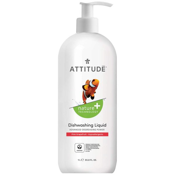 ATTITUDE Dishwashing Liquid, EWG Verified, Vegan Dish Soap, Plant Based, Naturally Derived Products, Pink Grapefruit, 33.8 Fl Oz