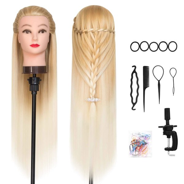 DANSEE 28" Mannequin Head Synthetic Hair Hairdresser Training Manikin Cosmetology Doll Head Blonde with DIY Braiding Set+ Free Table Clamp(27-613)