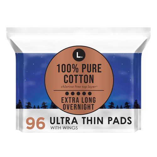 L. Pure Cotton Topsheet Pads for Women, Overnight Pads, Ultra Thin Pads with Wings, Unscented Menstrual Pads, 48 Count x 2 Packs (96 Count Total) (Packaging May Vary)
