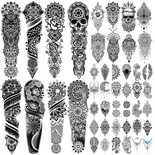 48 Sheets Mandala Datura Flowers Temporary Tattoo for Men Women, 8 Full Arm Tribal Vintage Black ...