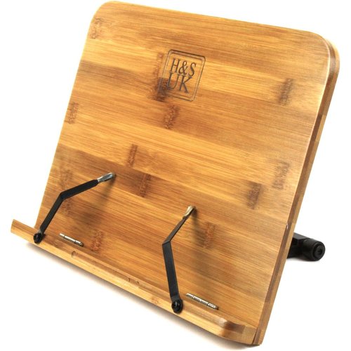 H&S Bamboo Recipe Book Holder - Foldable & Portable Cookbook Stand for Desk - Adjustable Holder for Reading in Bed or Kitchen
