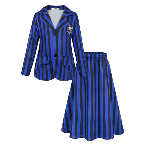 Sukyfecde Stripe Nevermore Costume Kids School Uniform for Girls Cosplay Outfits Dress Up Clothing Size 12 (11-12 Years, Blue)
