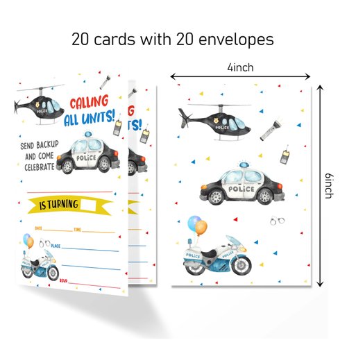 ANYEMW 4x6 Police Birthday Invitations, Police Birthday Party Decorations, Police Birthday, Birthday Party Invitations For Boys Girls, Kids Birthday Invitations, 20 Cards with 20 Envelopes.(44)