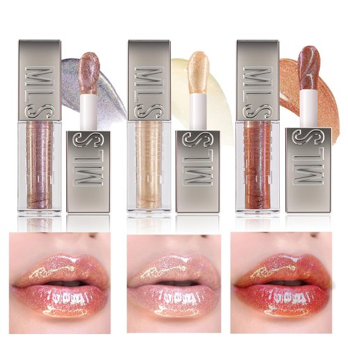 MLSMILE 3 PCS High Shine Glitter Lip Gloss,Diamond Glitter Lip Gloss Long Lasting Moisturizing Lip Gloss Non-sticky Glossy Glitter Liquid Lipstick for Women,girls 0.33fl oz