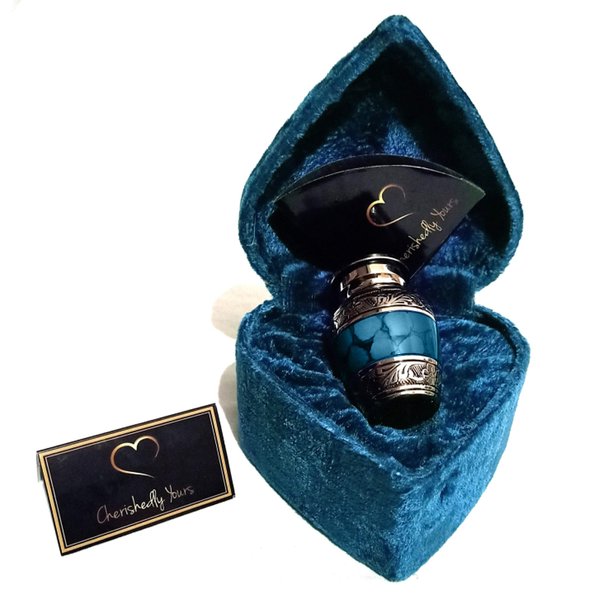 Small Keepsake Cremation Urns for Human Ashes with Velvet Heart Case and Funnel - Beautiful Peaceful Dark Blue Brass Hand Engraved Mini Memorial Urn