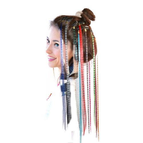 LeeWin 12 Strands 18" Printed Color Synthetic Feather Hair Extension One Clip on Hair Extensions Straight Colored Hair Pieces Hair Accessories for Woman (Mix Color 6)