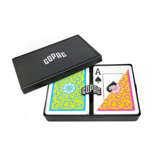 Copag 1546 Neoteric Design 100% Plastic Playing Cards, Poker Size (Standard) Yellow/Pink/Blue Double Deck Set (Jumbo Index)