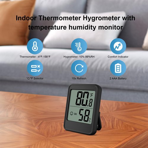 TEMNIO Digital Hygrometer Indoor Thermometer Hygrometer Room Thermometer and Humidity Gauge with Temperature Monitor for Home, Baby Room, Office, Greenhouse, Wall Mount, Black