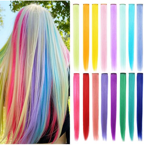SARARHY 16 PCS Women Girls Hair Accessories Rainbow Colored Hair Extensions Clip in Holiday Party Highlights 21 inch Straight Synthetic Rainbow Hairpieces
