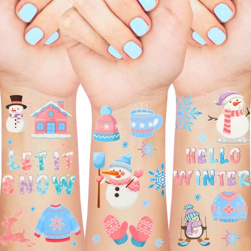 Serencatcher 12 Sheets (144Pcs) Winter Christmas Temporary Tattoos, Let It Snow Decoration with Snowman Tattoos Penguin Snowflake Glitter Tattoos Cute Winter Festival Christmas Birthday Party Favors