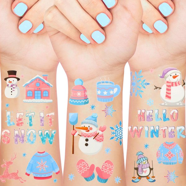 Serencatcher 12 Sheets (144Pcs) Winter Christmas Temporary Tattoos, Let It Snow Decoration with Snowman Tattoos Penguin Snowflake Glitter Tattoos Cute Winter Festival Christmas Birthday Party Favors