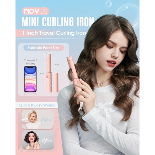 NOVUS Mini Curling Iron, 1 Inch Ceramic Small Curling Wand, Heat-Up Fast, Pink, Portable Hair Curler for Short Hair, Travel Curling Iron, Anti-scald Design, Barrel Hair Curler for Fine, Frizzy Waves