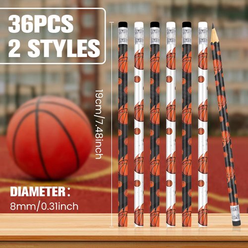 RUMIA 36Pcs Basketball Pencils for Kids Fun Wooden Pencils with Eraser for Basketball Party Favors for Basketball Birthday Party Students Back to School Classroom Office Prizes Rewards Supplies