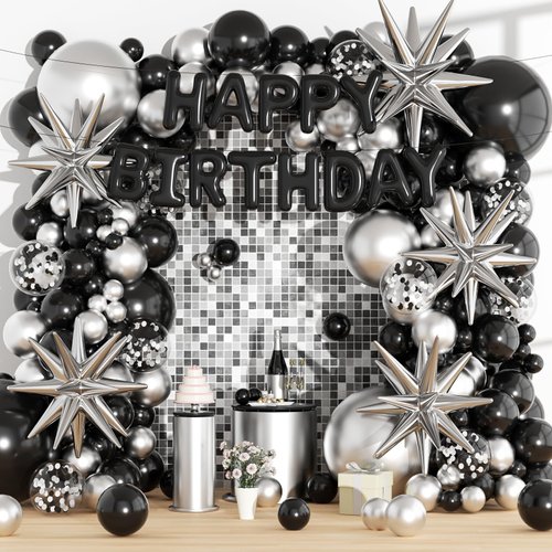 161PCS Silver and Black Balloons 5/10/12/18, Balloon Arch Kit, Happy Birthday Balloons and Silver Star Balloons, Reusable Balloons for Women, Men, Boys and Girls Birthday Decoration Party Supplies