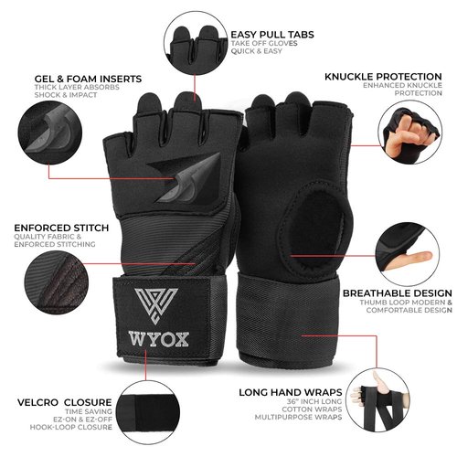 WYOX Gel Quick Hand Wraps for Boxing MMA Kickboxing - EZ-Off & On - Padded Knuckle with Wrist Wrap Protection for Men Women (Black, S-M)