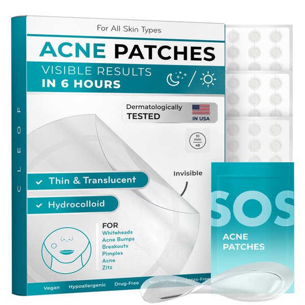 CLEOF Pimple Patches for Face & Body - Overnight Treatment - Acne Patch for Zits, Dots, Bumps, Spots, Pimples, Whiteheads - Hydrocolloid Stickers - Vegan, Cruelty-Free, Hypoallergenic (10mm)