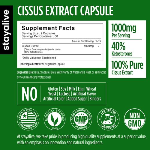 STAY ALIVE Cissus Quadrangularis Supplement 1000mg, 120 Pills, Pure Extract Powder with 40% Ketosterones, Non-GMO and Gluten-Free Cissus Extract Capsules for Men and Women