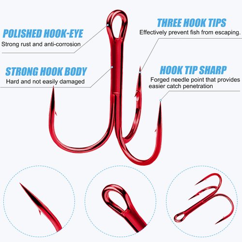 Treble Fishing Hooks,Super Sharp Solid Triple Barbed Fish Hook Strong Wide Gap High Carbon Steel Barbed Hook for Fishing Lures Baits Freshwater Saltwater (Red 14# 125pcs)