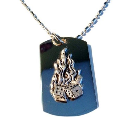 Flaming Dice Gamble Gambling Pewter Emblem Logo Symbols - Military Dog Tag Luggage Tag Key Chain Metal Chain Necklace