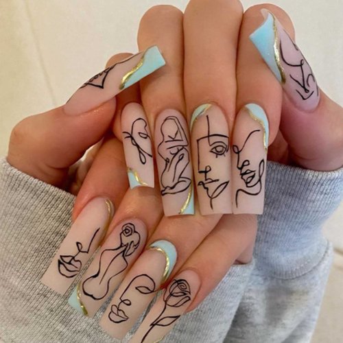 DANMANR Long Press on Nails Square French Fake Nails Full Cover Nude Acrylic False Nails for Women and Girls 24PCS (Light Blue)
