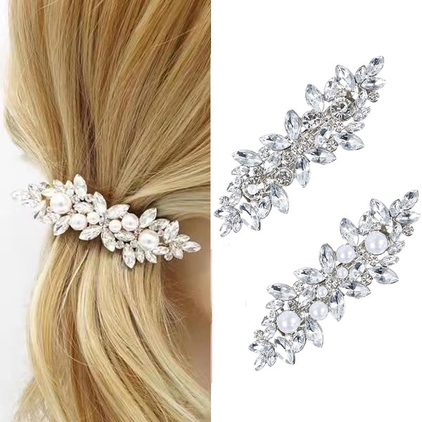 2PCS Rhinestone Hair Clips Crystal French Barrette Silver Hair Clips Vintage Bridal Wedding Pearl French Hair Pins Hair Accessories for Women Girls Bride Bridesmaid