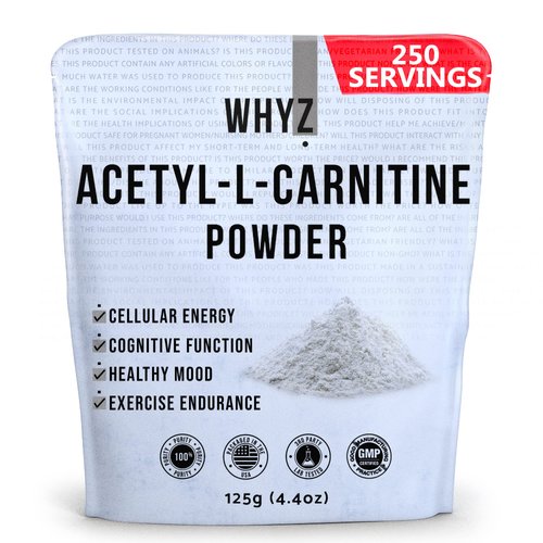 WHYZ Acetyl L-Carnitine Powder, 125g, Gluten-Free Acetyl L Carnitine Supplement, Amino Acid Supplement That Supports Cellular Energy, ALCAR Powder for Cognitive Function and Vitality, 250 Servings