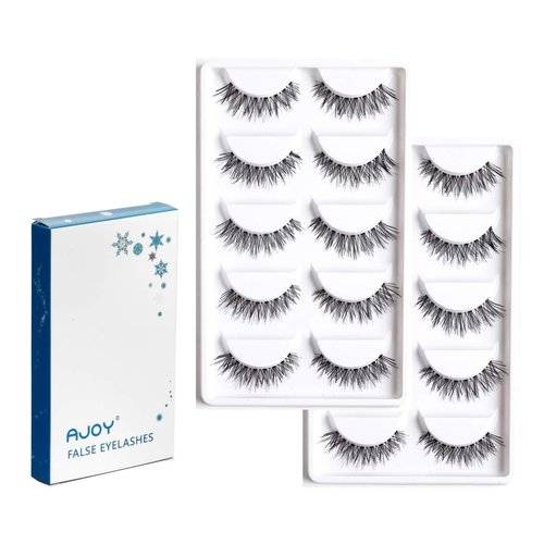 AJOY 10 Pairs Corner Winged Style Demi Wispies Eyelashes, Natural Look Fake Eyelashes, Invisible Bands Whispy Eyelashes, Short Length Thin Strip Lashes and Clear Bands, R-10P