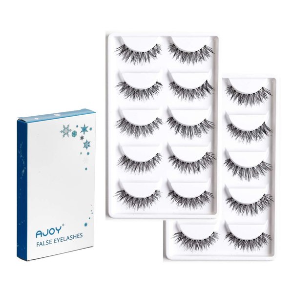 AJOY 10 Pairs Corner Winged Style Demi Wispies Eyelashes, Natural Look Fake Eyelashes, Invisible Bands Whispy Eyelashes, Short Length Thin Strip Lashes and Clear Bands, R-10P