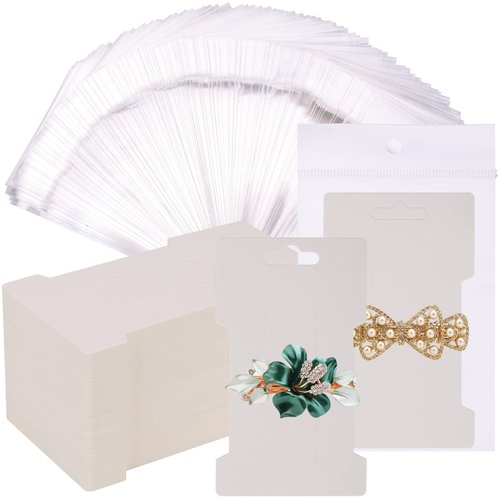 CEE Hair Clip Display Cards Organizer, 150 Pcs White Paper Cardboard Cards & Self-Seal Bags Set for Selling, Storing, Displaying Hair Bow, Barrettes, Jewelry